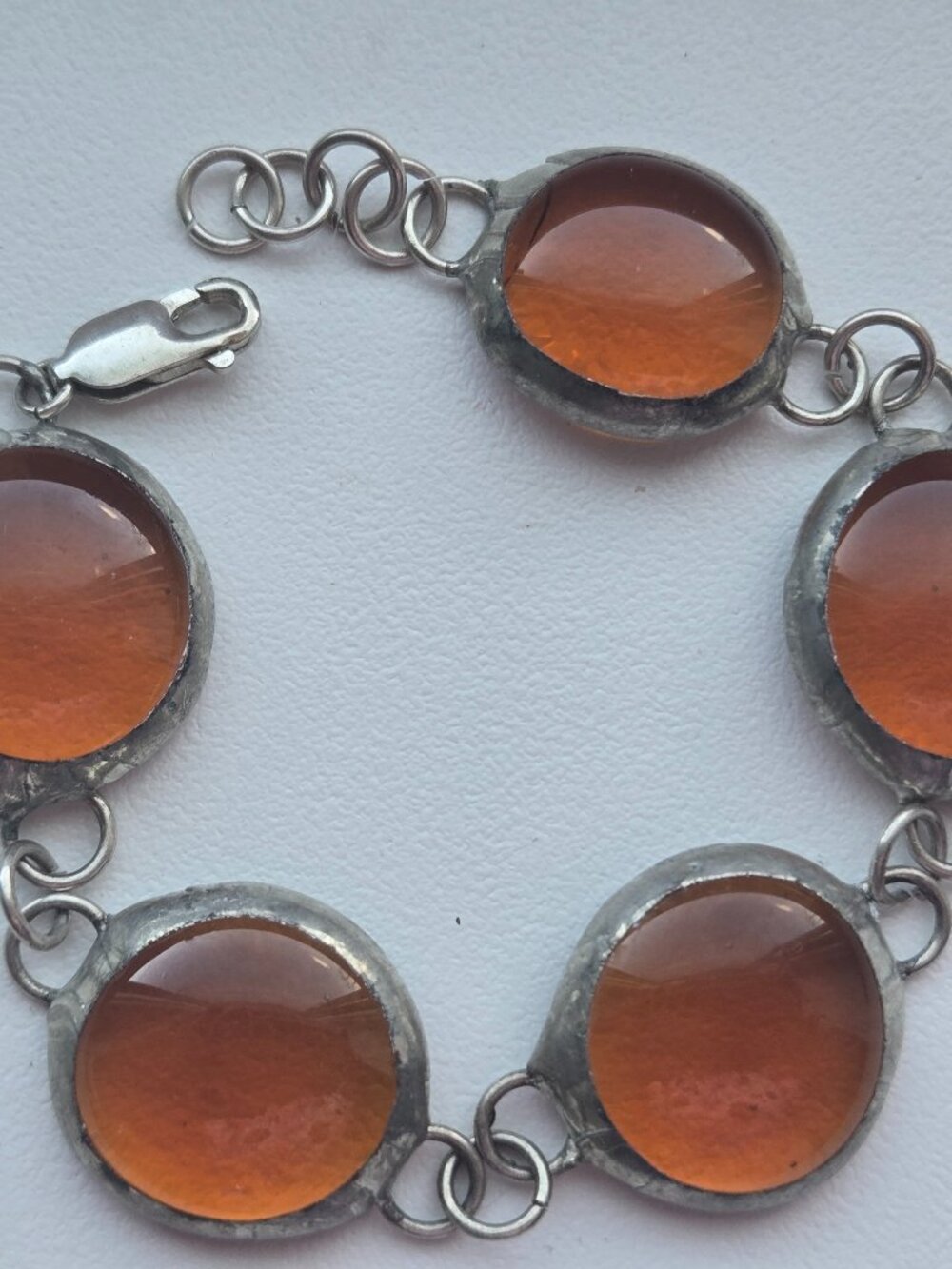Vintage Sterling Silver Amber Glass Link Bracelet